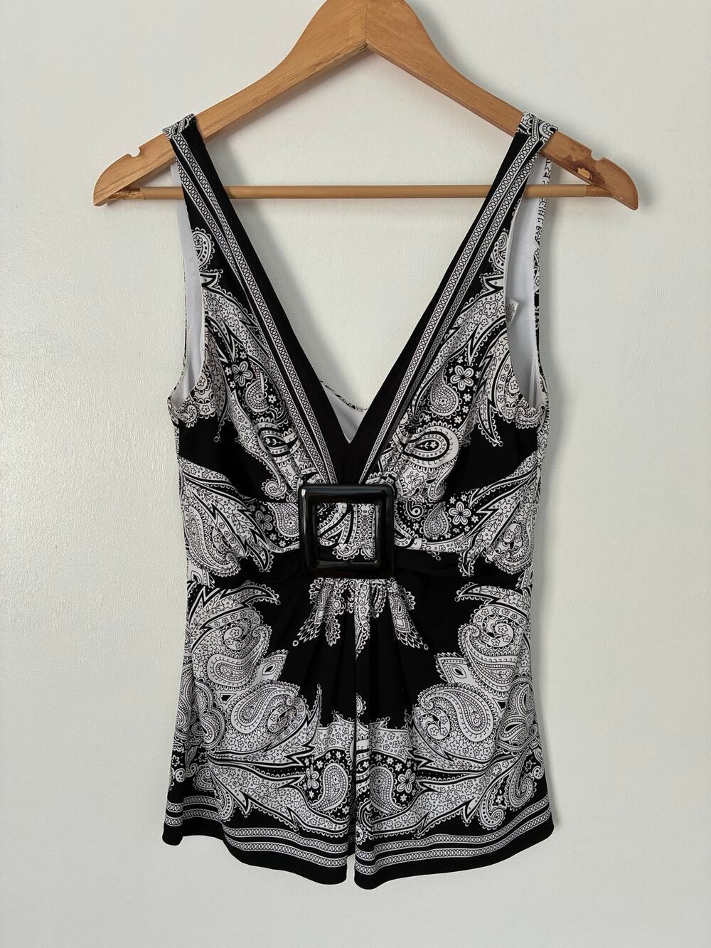 Cache Black & White Paisley Deep V-Neck Tank Fully Lined Accent Buckle Size S